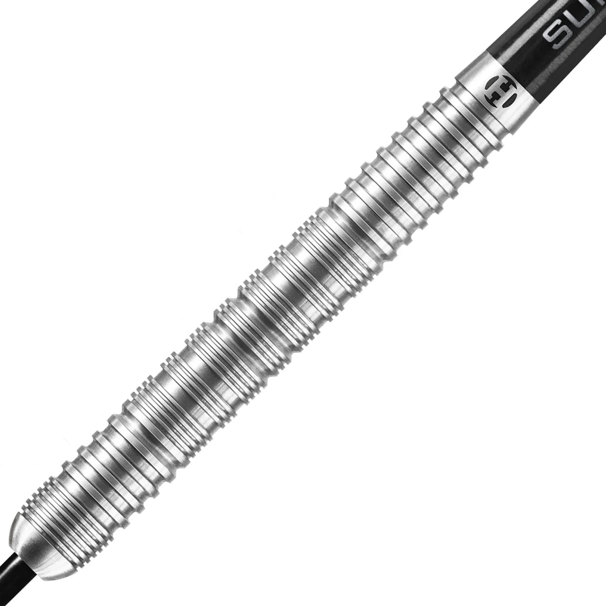 Close-up of 80% tungsten dart barrel with precision ringed grip pattern, isolated on white background