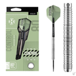 Steel tip tungsten darts with parallel ringed grip, shown in retail packaging, full dart view, and close-up barrel texture on white background