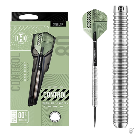 Steel tip tungsten darts with parallel ringed grip, shown in retail packaging, full dart view, and close-up barrel texture on white background