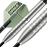 Macro close-up of tungsten darts showing detailed ring grip, tapered barrels, and green textured flight for advanced dart control