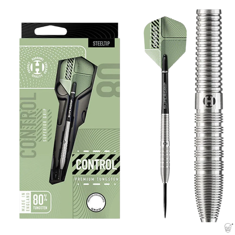 Steel tip tungsten darts in retail packaging, single dart with tapered barrel, precision ring grip, and enlarged barrel texture detail