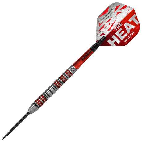 Full view tungsten dart with red grip rings, precision barrel, and red 'The Heat' flight isolated on white background