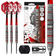 Harrows Damon Heta Series 4 darts set with 90% tungsten barrels, red flights, retail box, grip detail close-up, and quick point tool