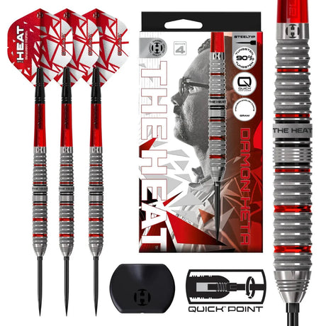 Harrows Damon Heta Series 4 darts set with 90% tungsten barrels, red flights, retail box, grip detail close-up, and quick point tool