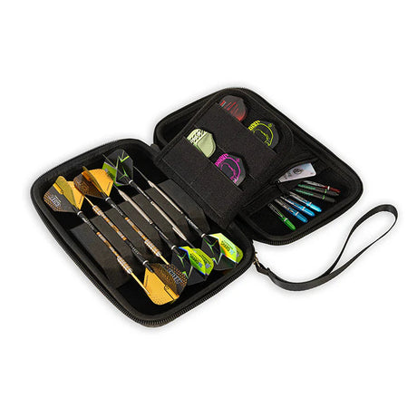 Top-down view of open darts case showing six assembled darts, spare flights, shafts, and accessories organized in compartments