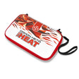 Angled full view of Damon Heta The Heat darts case with red zip, geometric flame design, and wrist strap on white background