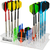 Acrylic darts station rack displaying multiple steel tip darts, assorted flights, and shafts, angled view on white background