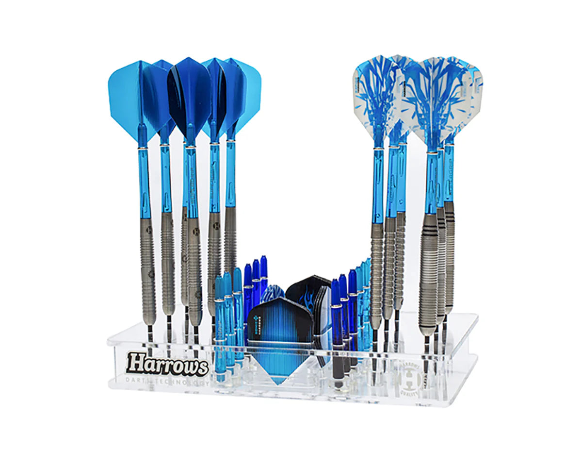 Acrylic dart station organizer with six assembled darts, blue flights, steel knurled barrels, spare shafts and flights, isolated on white background