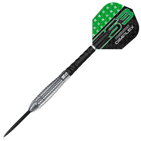 Single tungsten dart with dimpled grip barrel, black shaft, and green patterned flight on white background