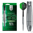 90% tungsten steel tip dart set with Dimplex bomb profile, high traction grip barrel, packaging, and close-up barrel texture