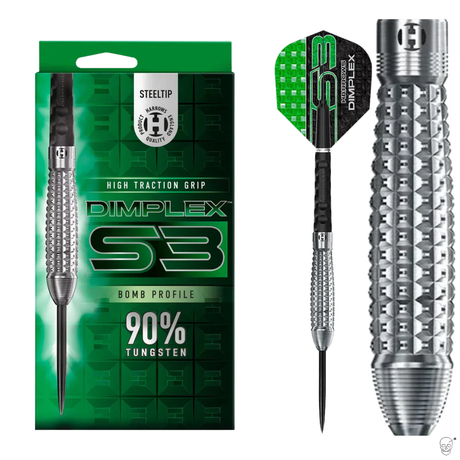 90% tungsten steel tip dart set with Dimplex bomb profile, high traction grip barrel, packaging, and close-up barrel texture