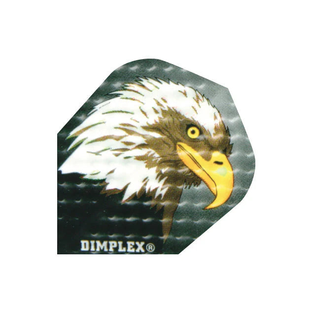 Close-up of Dimplex dart flight featuring detailed eagle head artwork and textured 100 micron dimple surface