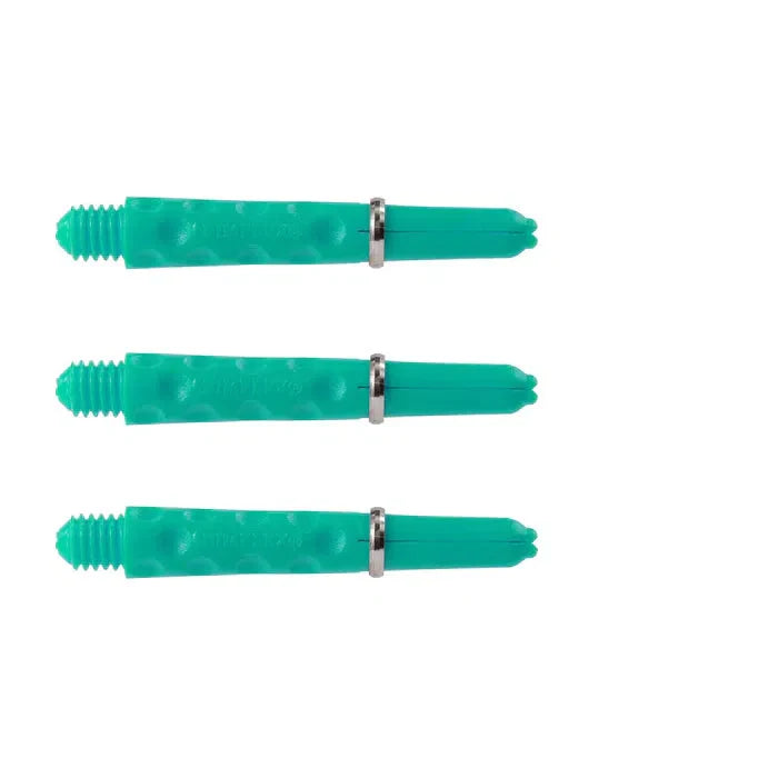 Three turquoise dimplex dart shafts with metal rings arranged horizontally on white, showing dimpled grip texture and threaded ends