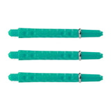 Three turquoise dimplex dart shafts with grip dimples and silver flight rings, top-down view, isolated on white background