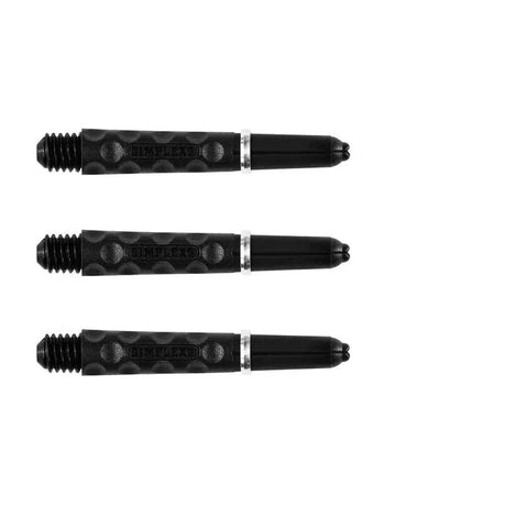 Three black dimplex dart shafts aligned side by side on white background, showing textured grip for improved dart control.