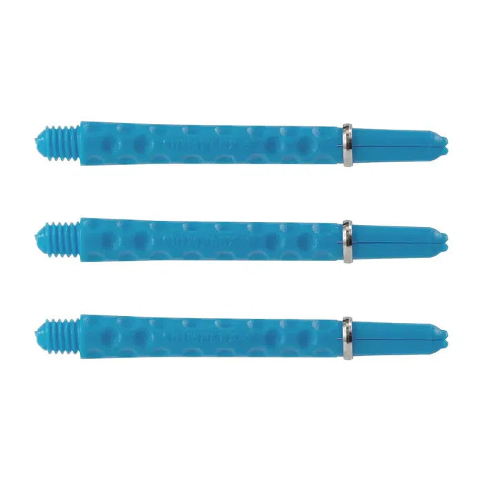 Three blue dimplex dart shafts with dimpled grip texture and silver flight rings, isolated on white background