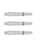 Three white dimplex dart shafts with dimpled grip texture, full product view on white background for dart accessories.