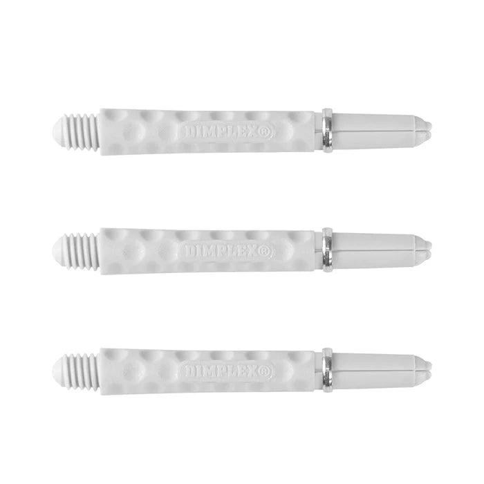 Set of three white dimpled dart shafts aligned horizontally, full product view on white background, highlighting grip texture and shaft design