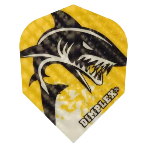 Single yellow Dimplex No.6 dart flight with bold shark design, dimpled texture visible, isolated on white background