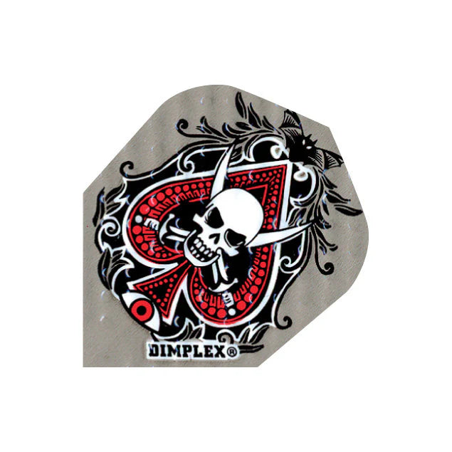 Close-up of No.6 dart flight with red spade and skull motif, Dimplex texture, isolated on white background