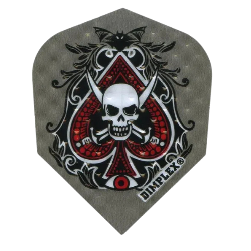 Close-up of Dimplex No.6 dart flight featuring spade skull graphic, textured surface, isolated on white background