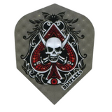 Close-up of Dimplex No.6 dart flight featuring spade skull graphic, textured surface, isolated on white background