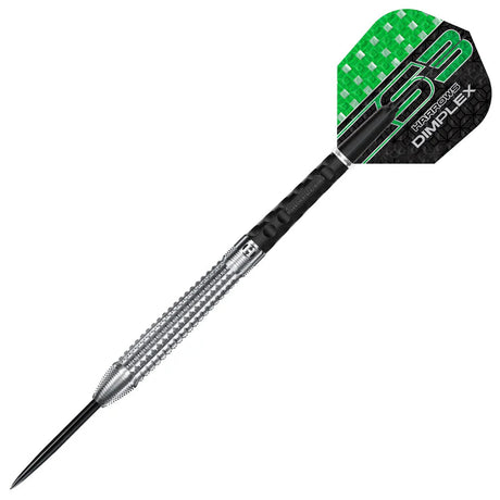Tapered 90% tungsten dart with textured barrel grip and green dimplex flight, displayed on white background