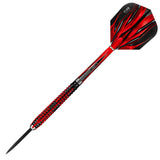 Angled full view of 90% tungsten dart with precision grip, red-black barrel and dynamic flame flight, isolated on white background