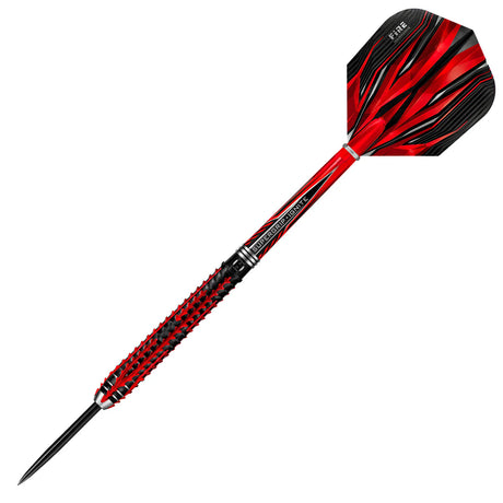 Angled full view of 90% tungsten dart with precision grip, red-black barrel and dynamic flame flight, isolated on white background