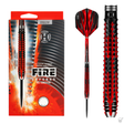 Steel tip 90% tungsten darts with aggressive red-black grip texture, full product view, macro barrel detail, and retail packaging.