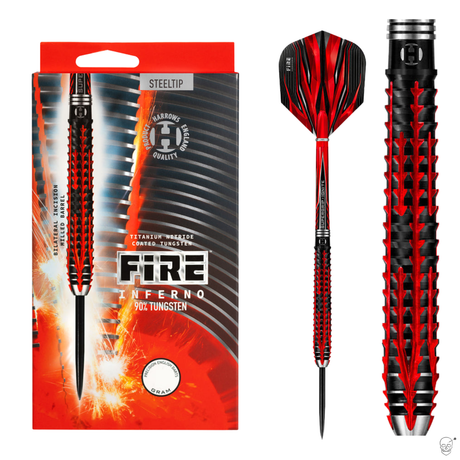 Steel tip 90% tungsten darts with aggressive red-black grip texture, full product view, macro barrel detail, and retail packaging.