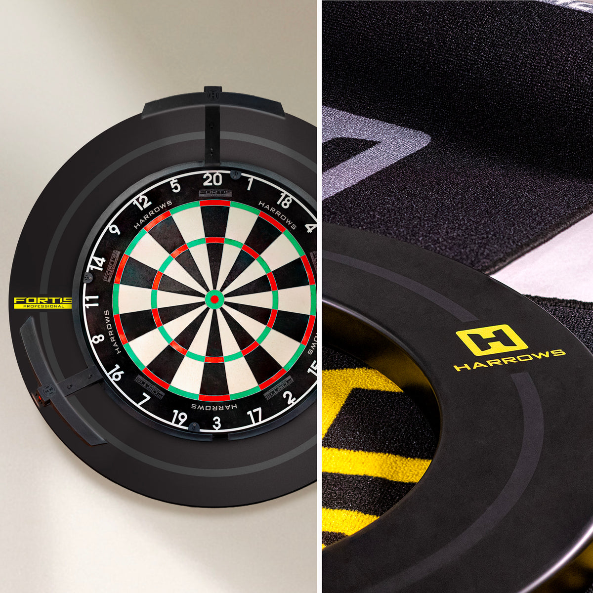 Harrows Fortis dartboard surround on the wall in a home darts setup