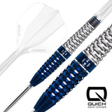 Close-up angled view of GEO 02 Torpedo darts highlighting machined blue-silver tungsten barrel grip and Quick Point System, isolated on white