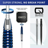Quick Point System infographic with close-up of blue tungsten dart barrel, interchangeable steel tips, and threaded assembly details