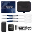 Full set of 90% tungsten steel tip darts with blue grips, clear flights, case, box, extra tips, and accessories arranged on white background