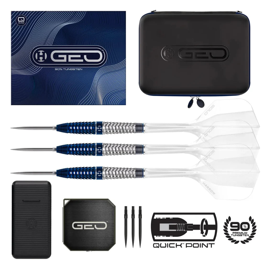 Full set of 90% tungsten steel tip darts with blue grips, clear flights, case, box, extra tips, and accessories arranged on white background