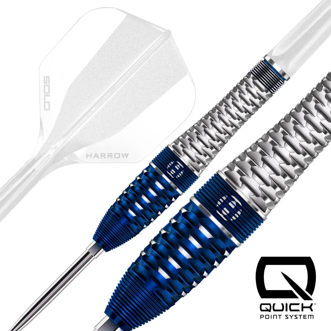 Close-up of tungsten darts with blue knurled barrel grip and textured pattern, highlighting Quick Point System, isolated on white.