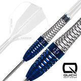 Close-up of tungsten darts with blue knurled barrel grip and textured pattern, highlighting Quick Point System, isolated on white.