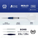 Full view tungsten dart with blue silver barrel, showing 26mm point, 44mm barrel, midi solo flight, and 90% tungsten composition