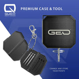 Top-down view of GEO dart point case with spare steel dart tips, change tool, and keychain for easy dart point storage