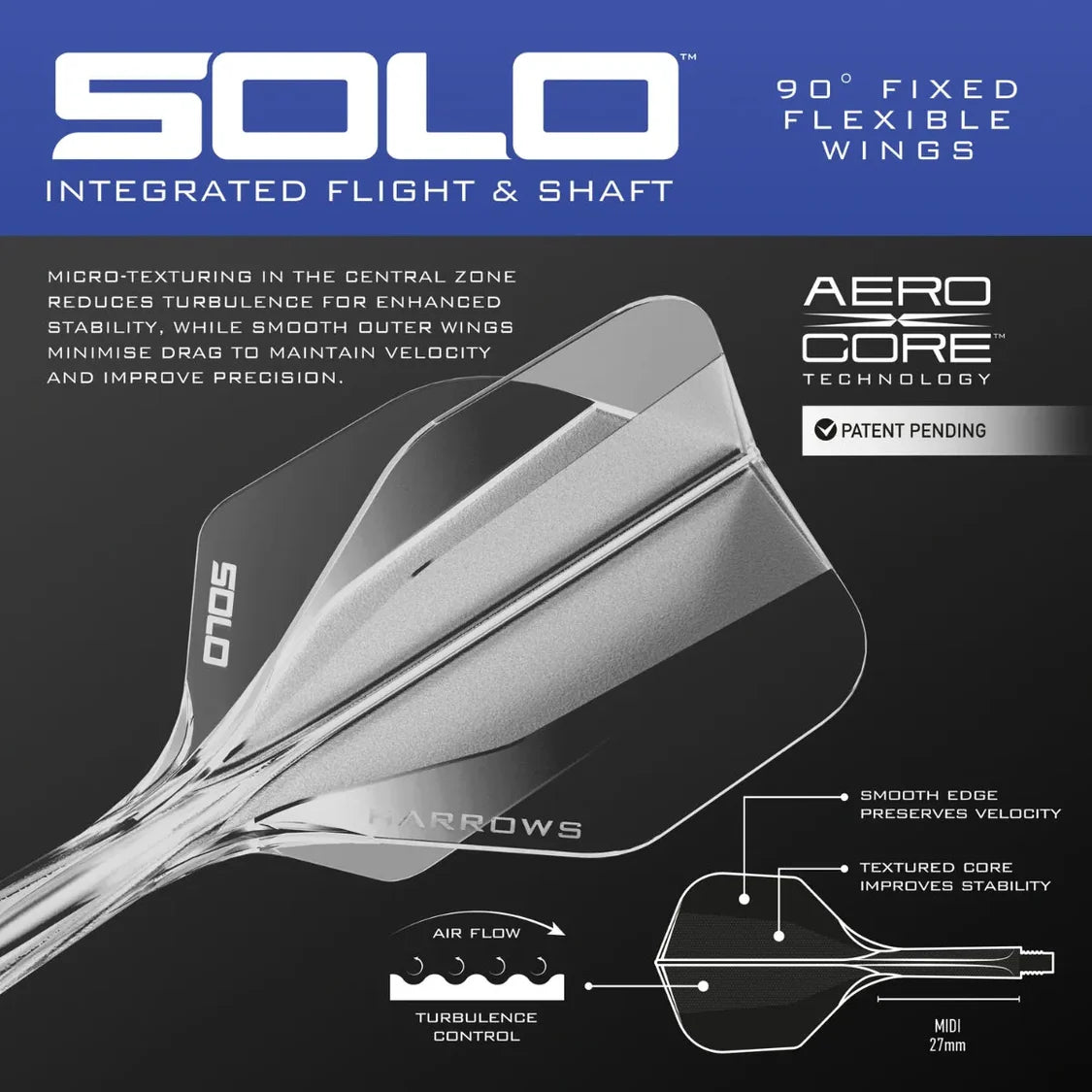 Angled close-up of dart with SOLO integrated flight and shaft, showing textured core for stability and smooth edge for speed, technical airflow diagram
