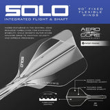 Angled close-up of dart with SOLO integrated flight and shaft, showing textured core for stability and smooth edge for speed, technical airflow diagram