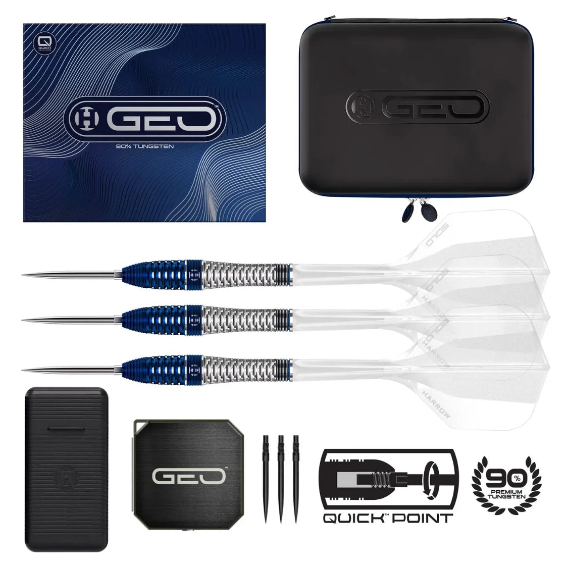 Top-down view of GEO 03 Bomb 90% tungsten darts set with three darts, case, packaging, spare points, and accessories on white background