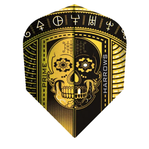 Close-up of gold and black No.6 dart flight with detailed skull artwork, premium 100 micron design, isolated on white background