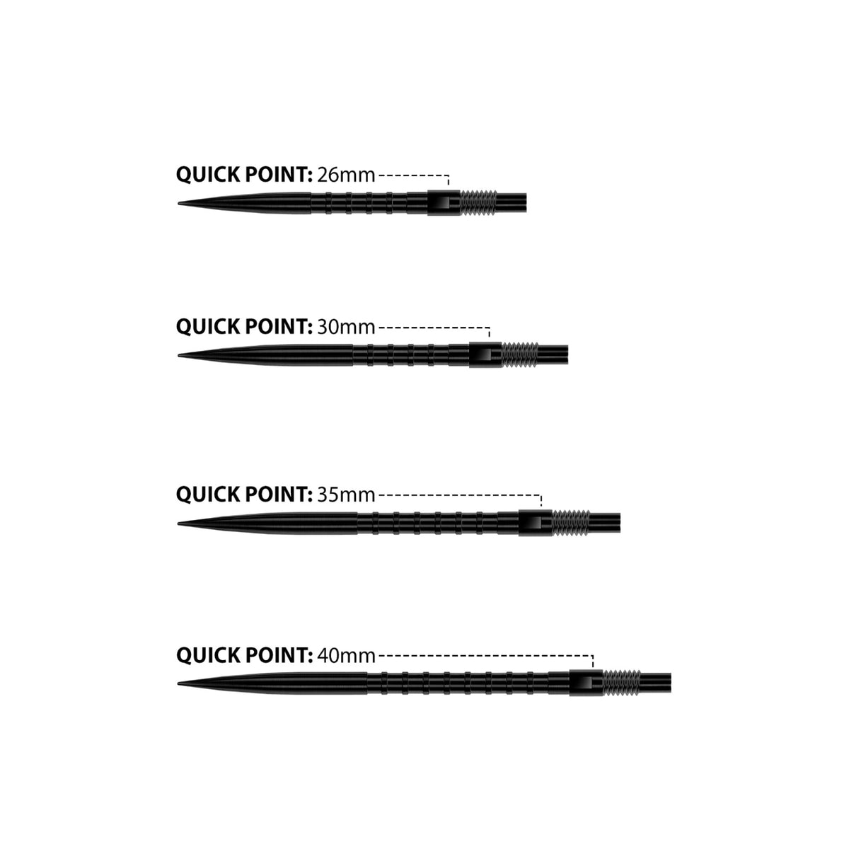 HM Grip Quick Point length comparison in black showing 26mm, 30mm, 35mm and 40mm
