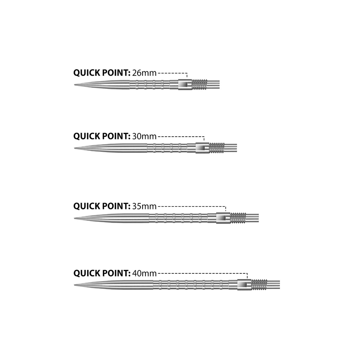 HM Grip Quick Point length comparison in silver showing 26mm, 30mm, 35mm and 40mm