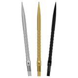 Harrows HM Grip Quick Points fanned in all three finishes - silver, gold and black - on a white background
