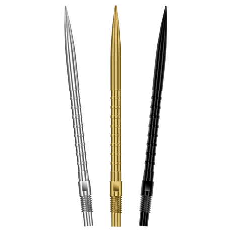 Harrows HM Grip Quick Points fanned in all three finishes - silver, gold and black - on a white background
