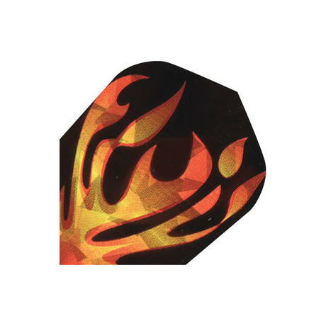 Close-up of No.6 dart flight showing hologram flame design and 100 micron material, isolated for dart accessories detail