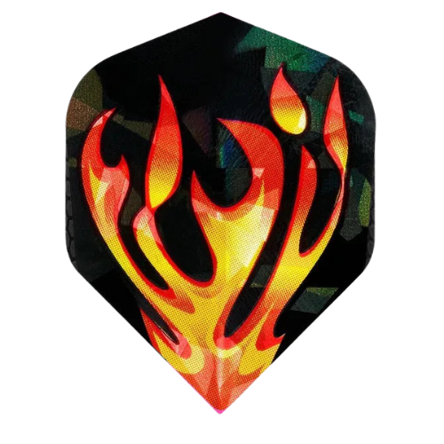 Close-up dart flight with holographic flame graphic, 100 micron material, isolated on white for flight shape detail